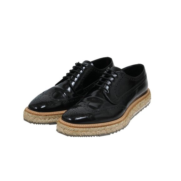 Prada Men Platform Brogue US9.5 UK8.5 Black Leather Wingtip Espadrille Medallion - Picture 3 of 11
